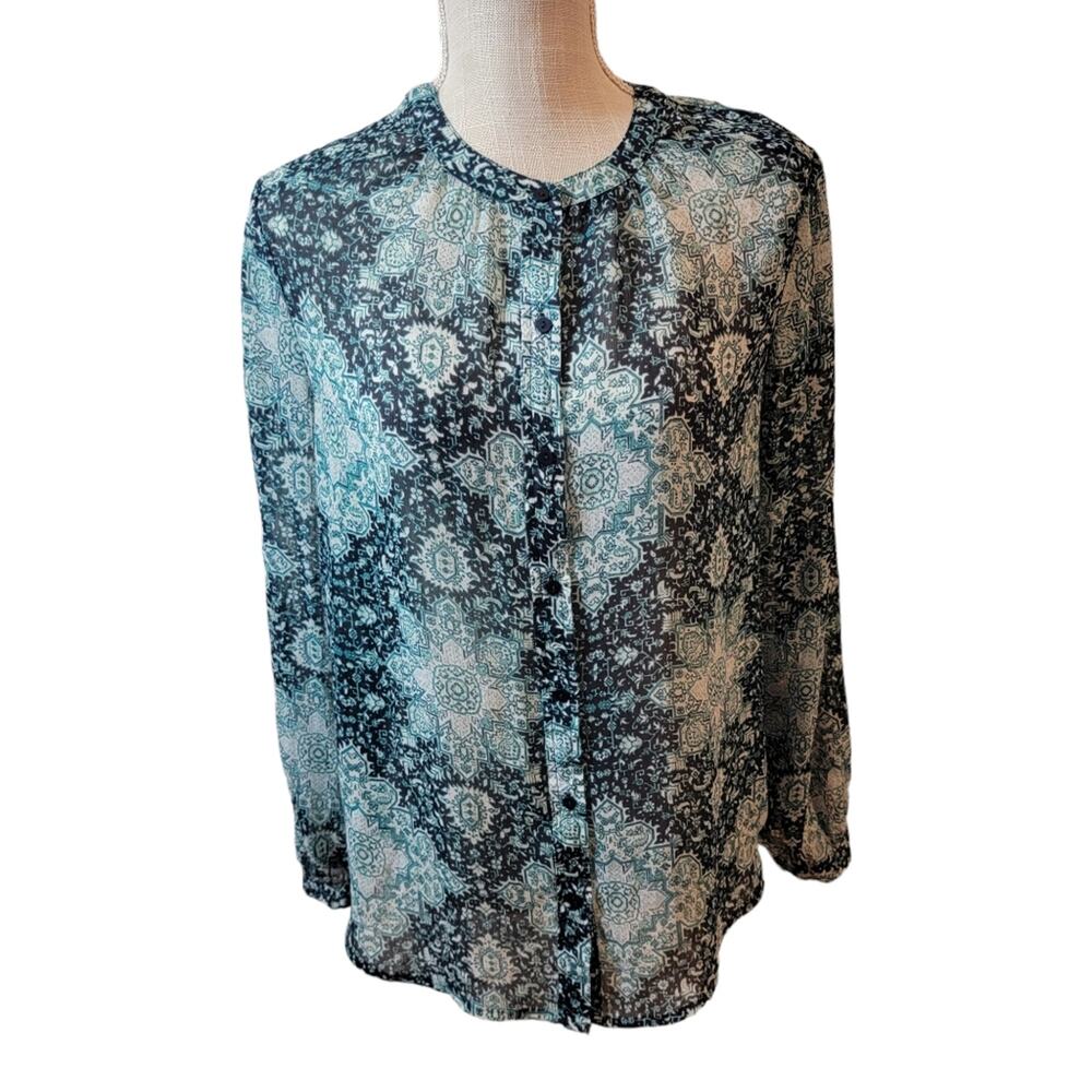 Lucky Brand Navy/Teal Button Up Long Sleeve Blouse Size Medium